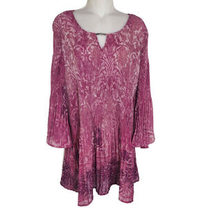 Catherines Women's Tunic Top 2X Pink Accordion Pleated Bell 3/4 Sleeve Floral